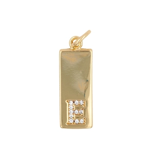 Macro shot of rectangular gold pendant featuring cubic zirconia pavé letter E design