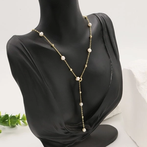 Elegant Y-Shaped Freshwater Pearl Necklace For Women 18K Gold Plated Retro Long Sweater Chain Fashion Jewelry Necklaces