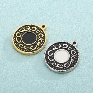 Titanium steel geometric round pendants with enamel center and intricate filigree patterns