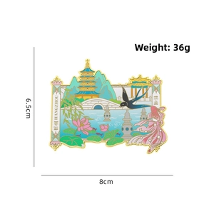 Detailed macro view of Hangzhou West Lake souvenir magnet with dimensions and weight info