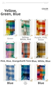 Macro shot showing diverse colorful plaid and mohair textures of various scarf patterns