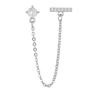 Detail of silver chain earring with round zircon and micro-pave bar on white background