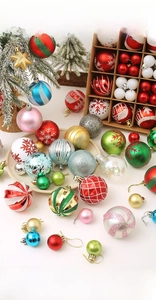 Detail of colorful Christmas ornaments with glitter, matte, and snowflake patterns