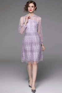 Elegant lavender lace mesh dress with long sleeves and layered ruffle skirt for spring