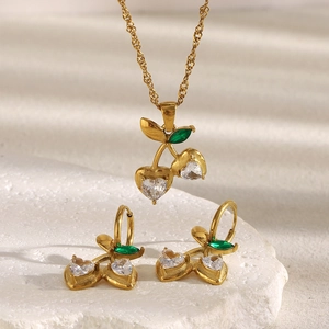 Cherry Necklace And Earrings 18K Gold Plated Stainless Steel Heart Clear Green Cubic Zirconia Dainty Sweet Fruit Jewelry