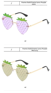 Detail view of strawberry-shaped rimless sunglasses with gold metal temples and tinted lenses