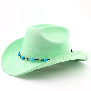 Detail of mint green suede cowboy hat featuring black woven rope and blue bead accents