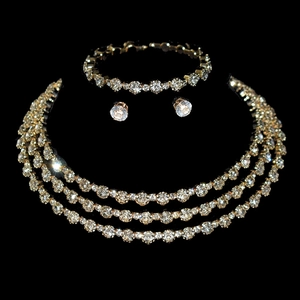 Luxurious three-layer crystal necklace, bracelet, and earrings set in gold finish