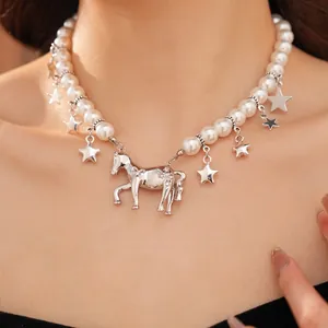 Star and horse charm pearl necklace for women featuring polished silver pendants