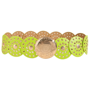 Lemon green leather belt with large engraved gold round buckle and hollow circular links