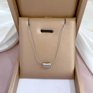 Dettaglio macro di una collana a catena a serpente argento con ciondolo curvo in astuccio