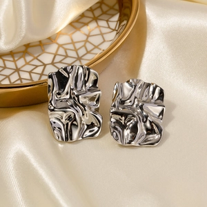 French style silver square earrings with unique pleated texture made of stainless steel