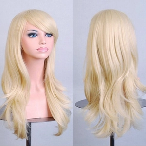 70cm long wavy golden wig for cosplay with layered synthetic hair and bangs