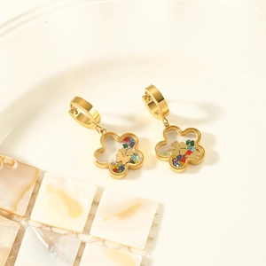 Golden flower earrings set with colorful crushed stones and hollow butterfly charms