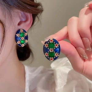 Vintage French style oval earrings with dark blue enamel and colorful gemstone accents