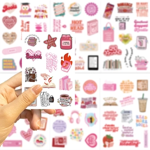 Pink Bookish stickers set with reading slogans shown in hand for DIY decor