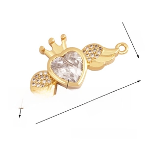 Detailed view of gold plated crown heart connector with zircon crystals for DIY jewelry