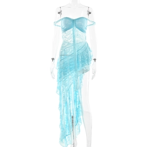 Detail of light blue lace see-through dress featuring ruffled layers and irregular hem