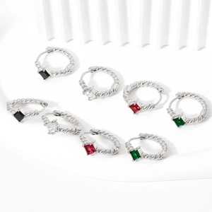 Vintage stainless steel hoop earrings with princess cut square gems in four diverse colors
