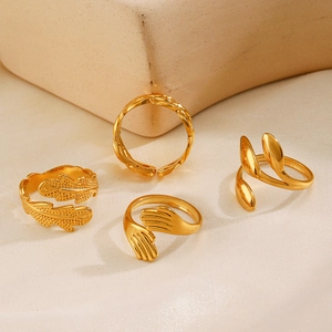 Minimalist 18K gold plated stainless steel leaf rings with adjustable open band design