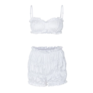 Chic white two-piece lounge set with ruffle tube top and pleated shorts for women