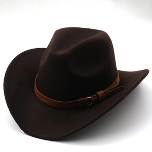 Detail of dark brown felt cowboy hat featuring a classic brim and gold ring buckle