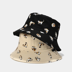 Cartoon Cat Print Bucket Hat Cotton Canvas Sun Protection Japanese Style Fisherman Cap For Women Men Kawaii Hat