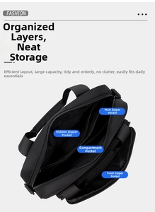Internal compartments of black crossbody bag showing large storage and multiple pockets