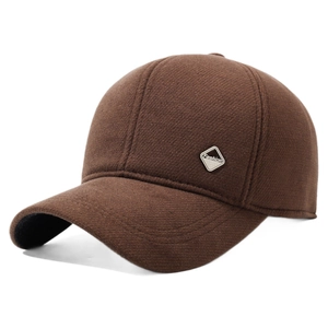 Thick brown wool baseball cap for men featuring warm ear flaps and a fashion metal logo