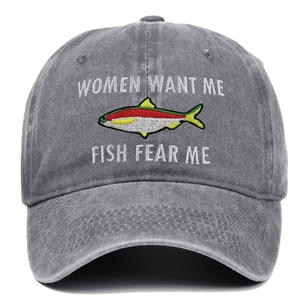 Vintage washed grey cotton fishing baseball cap with colorful fish embroidery and funny text