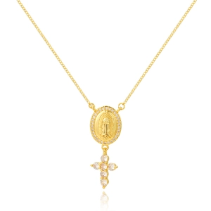 Golden emerald cross pendant necklace with vintage drop feather tassel and zircon detailing