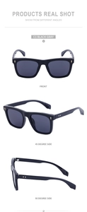 Three-angle product display of black square sunglasses with gold metal diamond studs