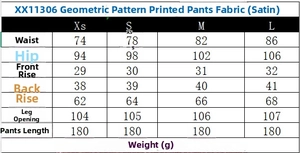 Detailed size chart for geometric print satin wide-leg trousers in various dimensions