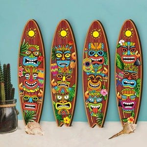 Surfboard Wall Decor Wooden Tiki Mask Signs Hawaiian Summer Tropical Beach Party Home Bar Decorations