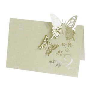 Detailed view of laser-cut butterfly wedding place card in elegant light green paper