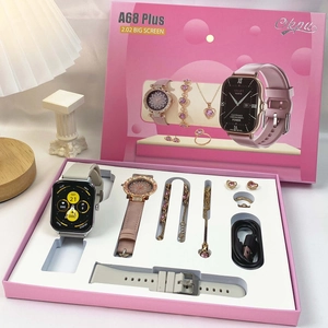 Pink A68 Plus smart watch gift set with jewelry, necklace, and bracelet in an elegant box