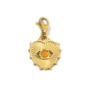 Detailed heart charm pendant in gold finish with amber stone and lobster clasp