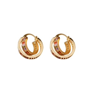 Vintage gold interlaced square hoop earrings with colorful gemstones on white background