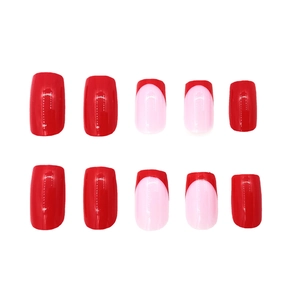 Faux ongles courts carrés-ovales à presser, style rouge brillant et French rouge