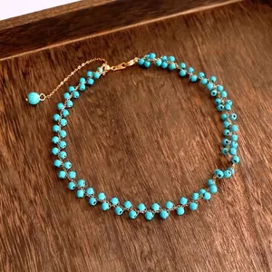 Collier Pendentif Perles Oeil De Tigre Et Turquoise Acier Titane Rétro Style Ethnique Bohème Bijoux Mode Femme