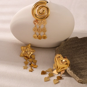 Vintage stainless steel gold earrings with heart starfish and conch fringe pendants