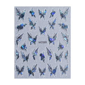 Holographic laser butterfly and rose nail stickers with iridescent 3D aurora effect
