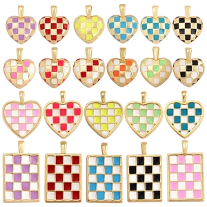 Colorful checkered heart and rectangular pendants in gold plated enamel finish