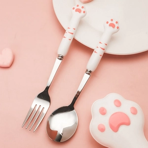 Creative 304 stainless steel cat paw cutlery set with ceramic handle spoon and fork