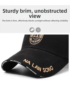 Macro detail of gold letter embroidery on a premium black cotton baseball cap
