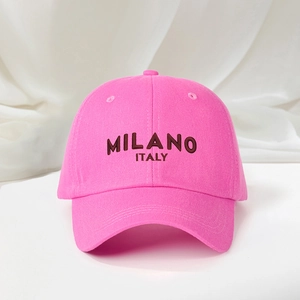 Pink Milano Italy embroidered cotton baseball cap on elegant white silk fabric background
