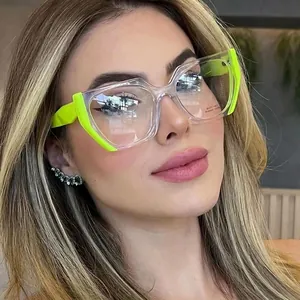 Cat eye blue light blocking glasses with transparent frames and neon green temples
