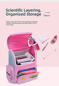 Detail of pink and blue kids backpack showing organized compartments for school supplies