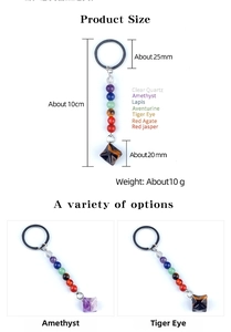 Detailed view of Merkaba star keychain with size specs and seven chakra stones