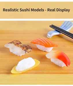 Detailed macro shot of realistic PVC salmon and eel sushi models on wooden background